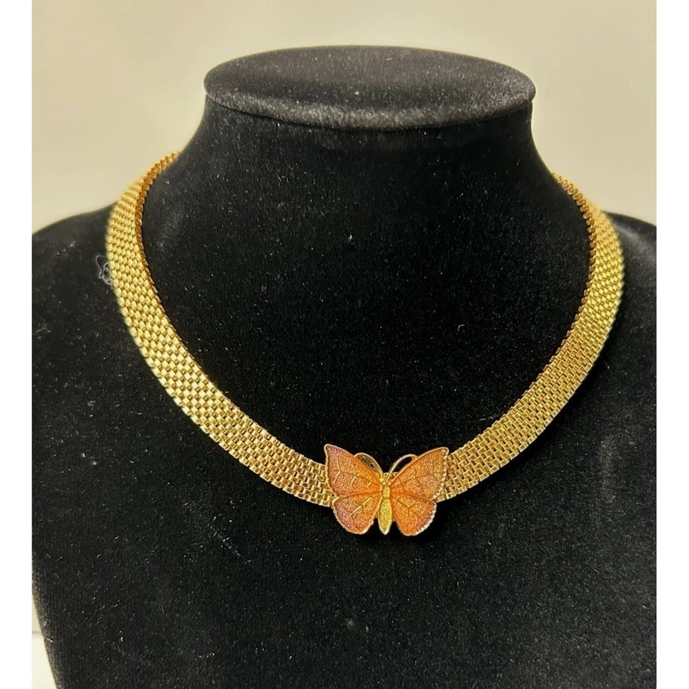 Vintage 1970s Lisner Gold Mesh Butterfly Choker Necklace Deadstock